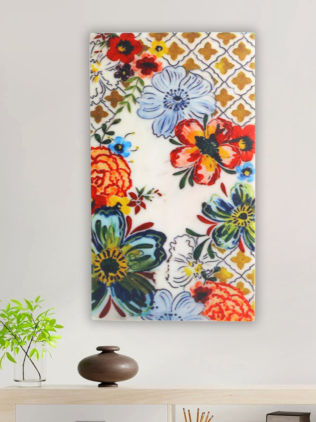 POSH-N-PLUSH White Floral Painting Marble Wall Art