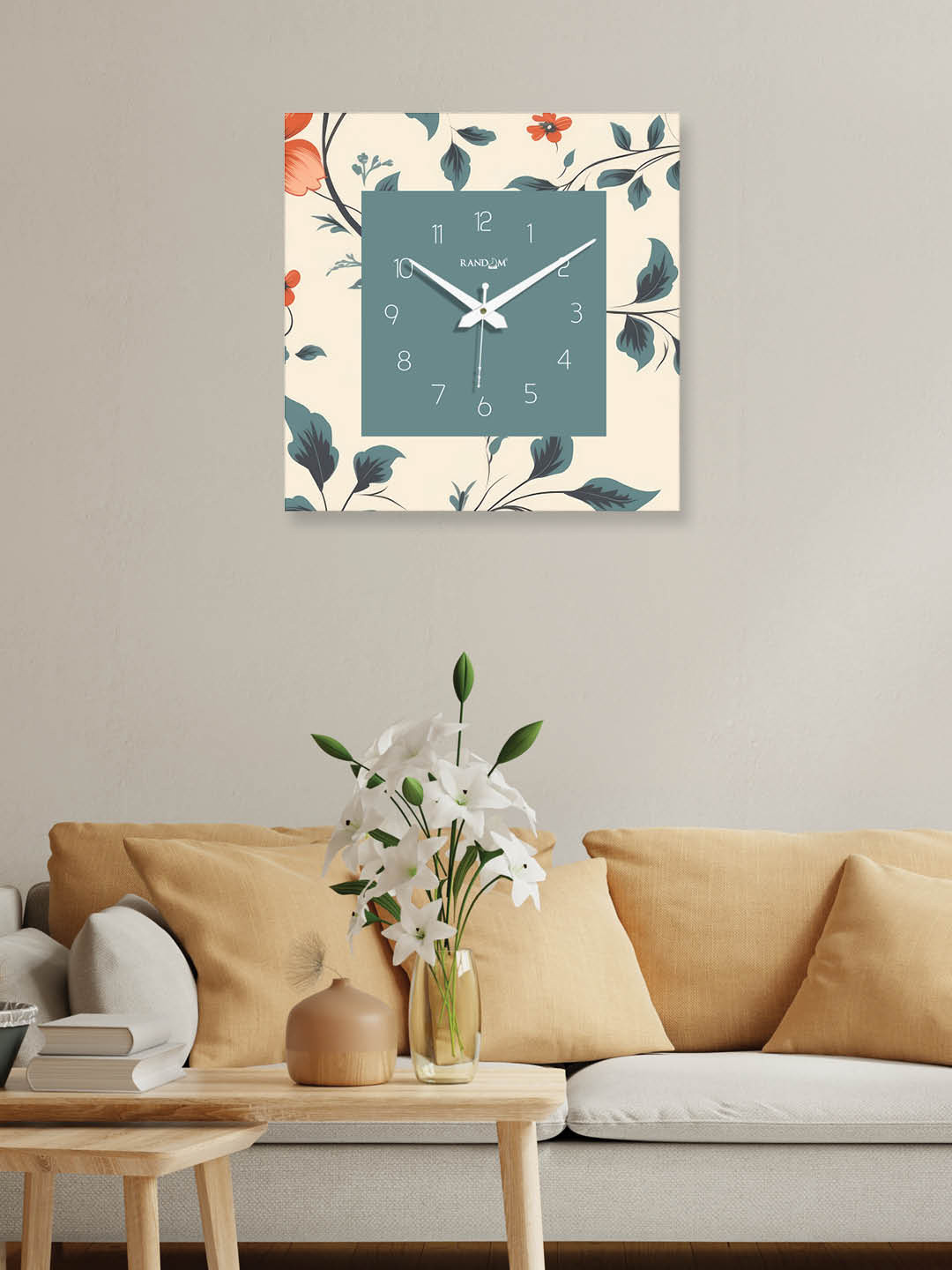 RANDOM Flower Leaves Art White Wood Large Display Square Battery Analogue Wall Clock