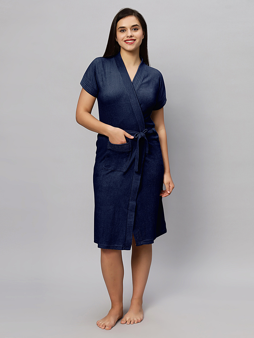 LacyLook Fresh Navy Blue Solid Terrycloth Drawstring Knee Length Bath Robe-S