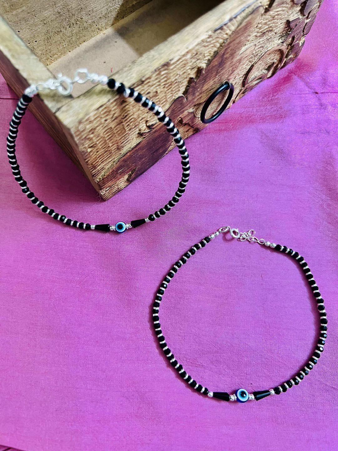 Arte Jewels Set Of 2 Sterling Silver Beaded Anklets