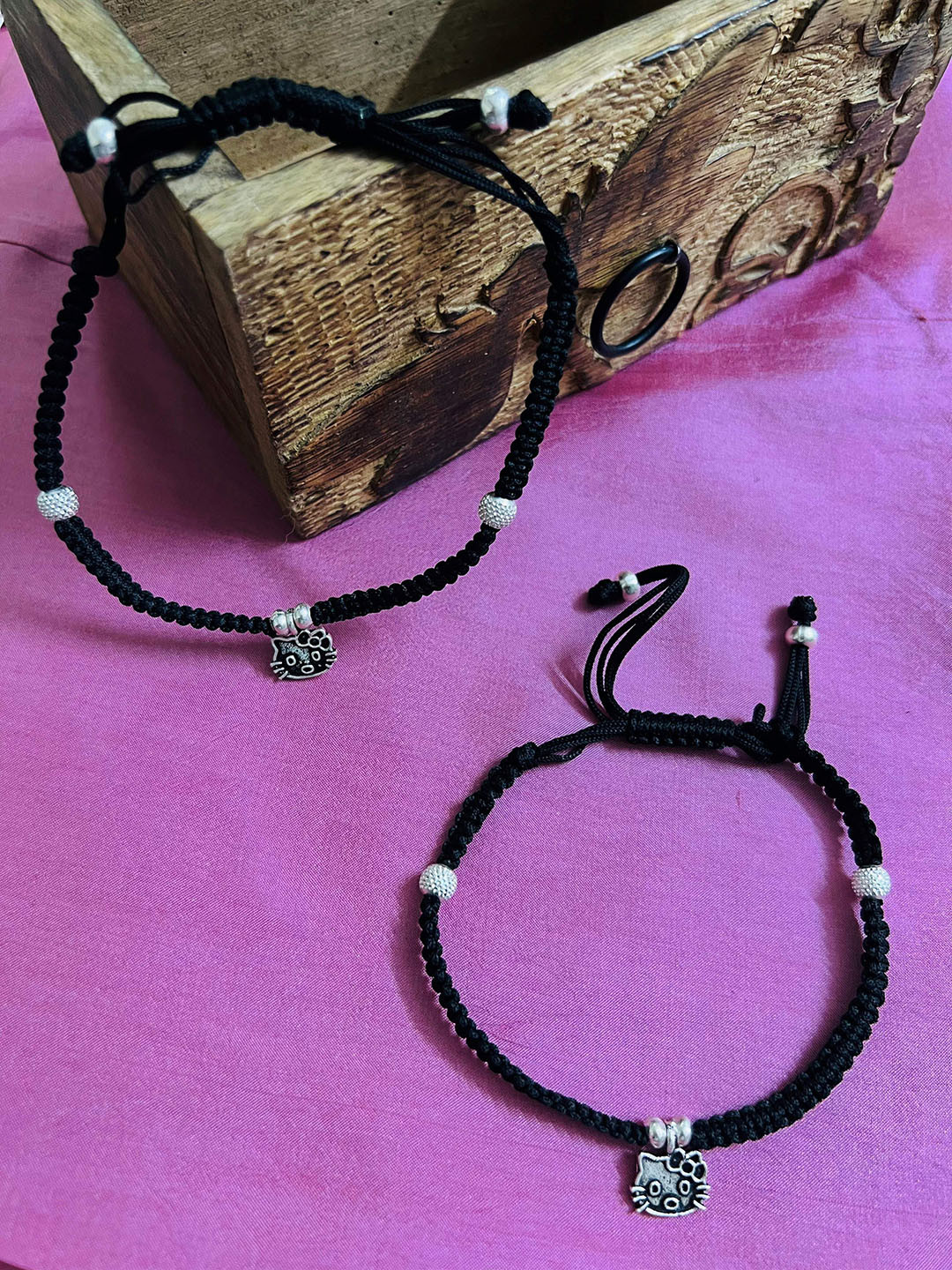 Arte Jewels Set Of 2 925 Oxidised Silver Kitty Initial Thread Anklet