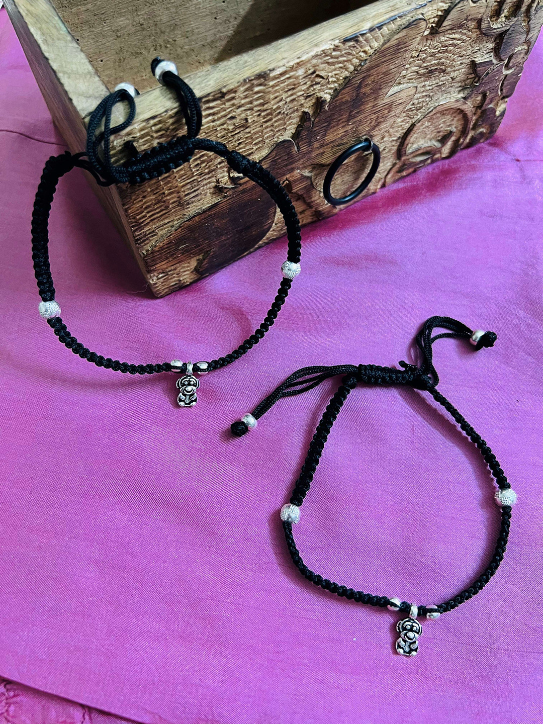 Arte Jewels Set of 2 925 Oxidised Silver Dog Initial Anklet