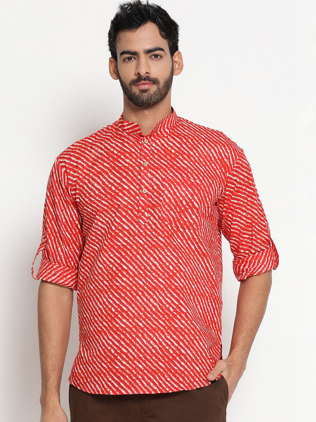 JAVINISHKA Leheriya Printed Mandarin Collar Roll-Up Sleeves Pure Cotton Kurta