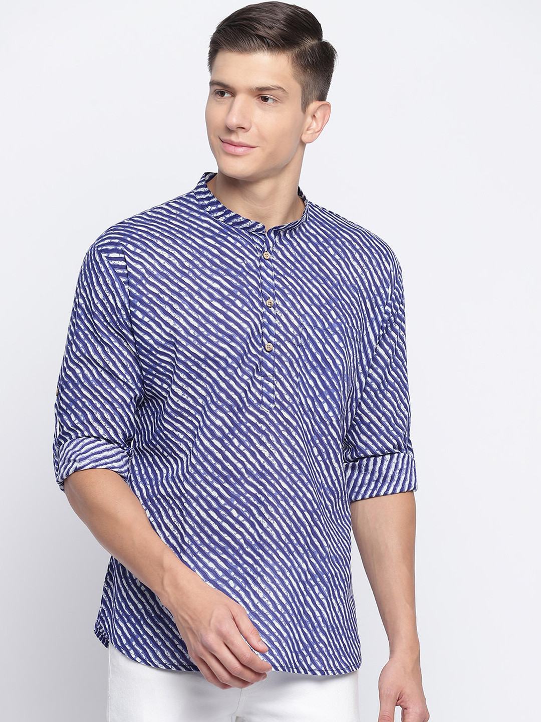 JAVINISHKA Leheriya Printed Mandarin Collar Roll-Up Sleeves Pure Cotton Kurta