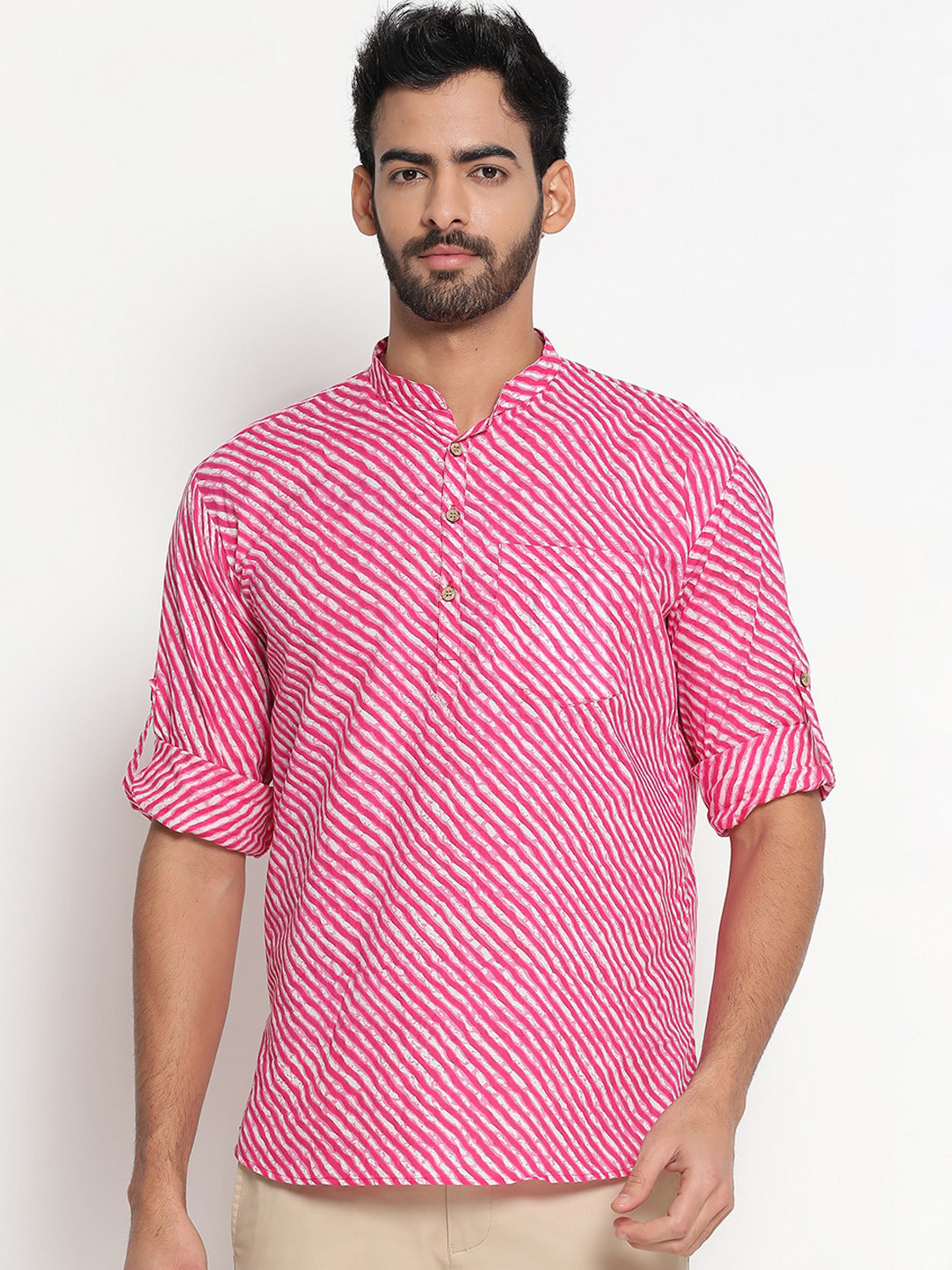 JAVINISHKA Leheriya Printed Mandarin Collar Roll-Up Sleeves Pure Cotton Kurta