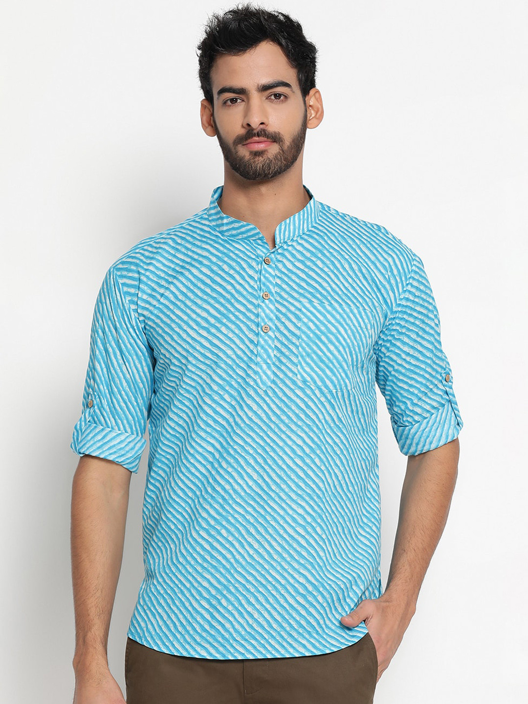 JAVINISHKA Leheriya Printed Mandarin Collar Roll-Up Sleeves Pure Cotton Kurta