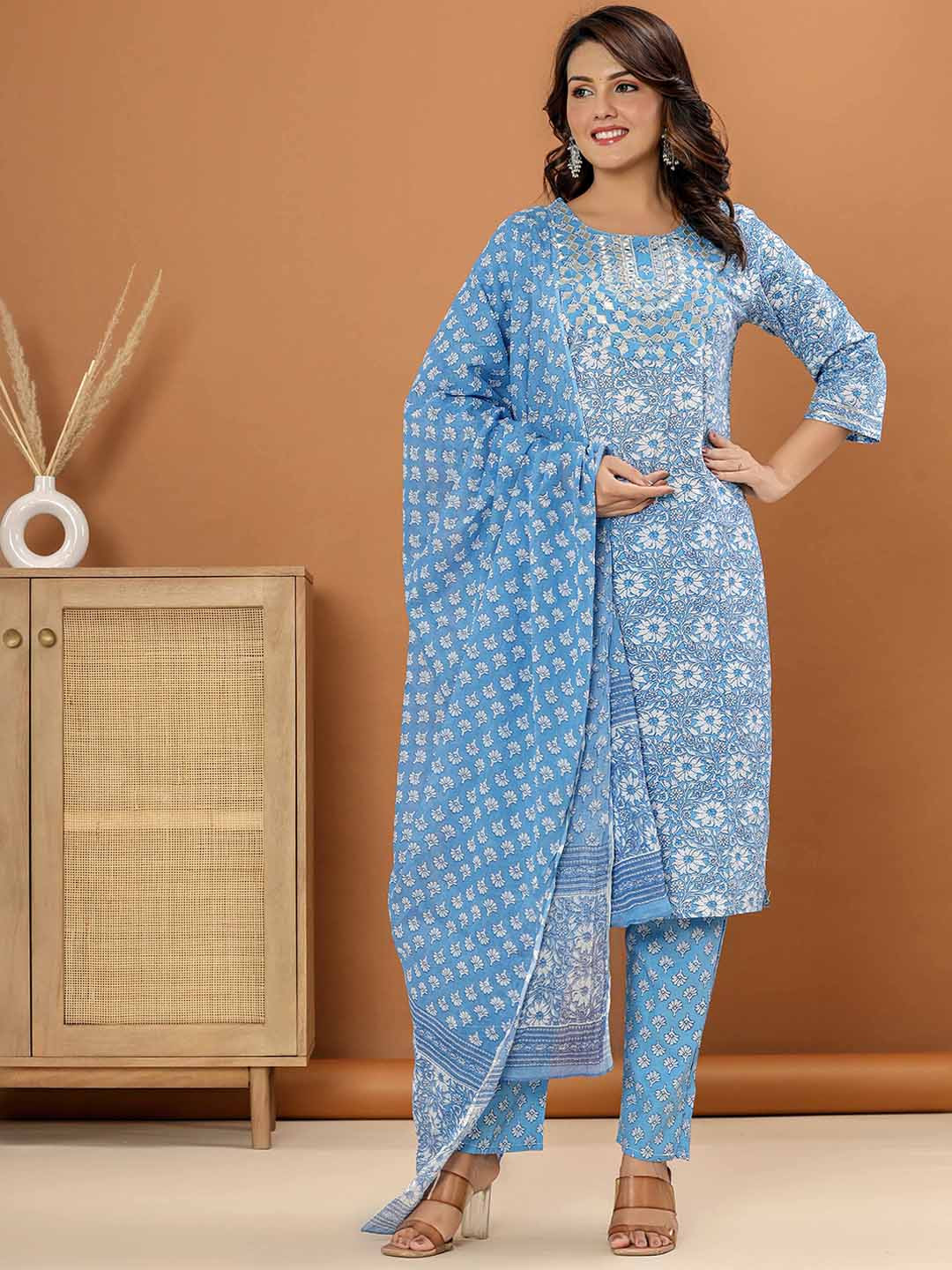 R RANAK CREATION Ethnic Motifs Printed Aari Work Pure Cotton Kurta with Trousers & Dupatta