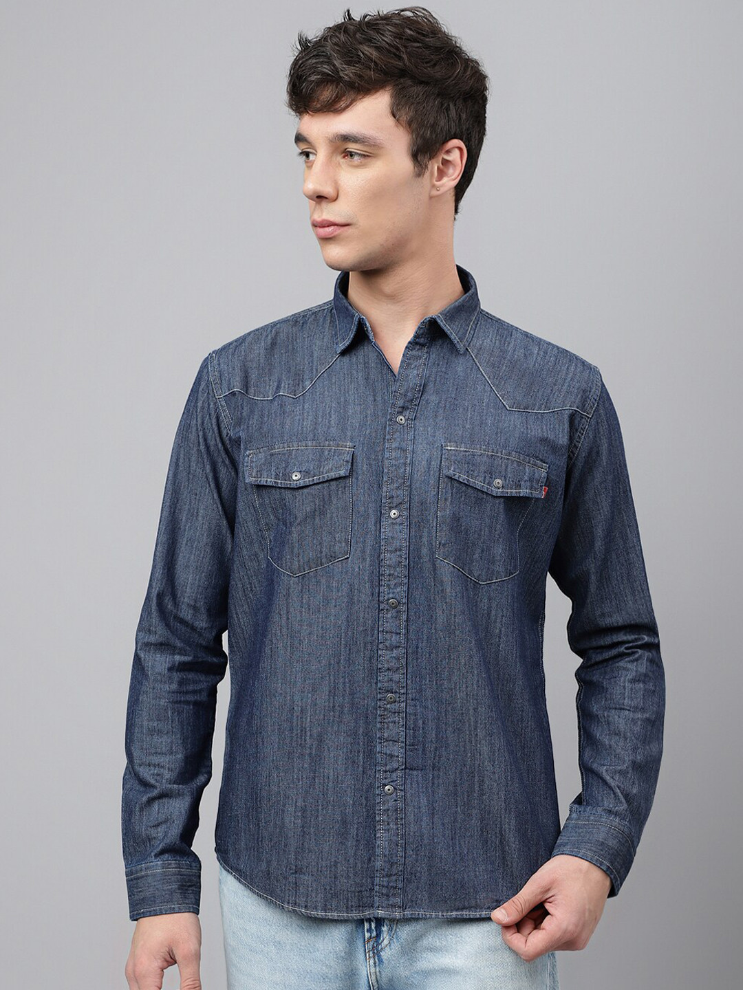 Blue Solid Regular Fit Casual Shirt
