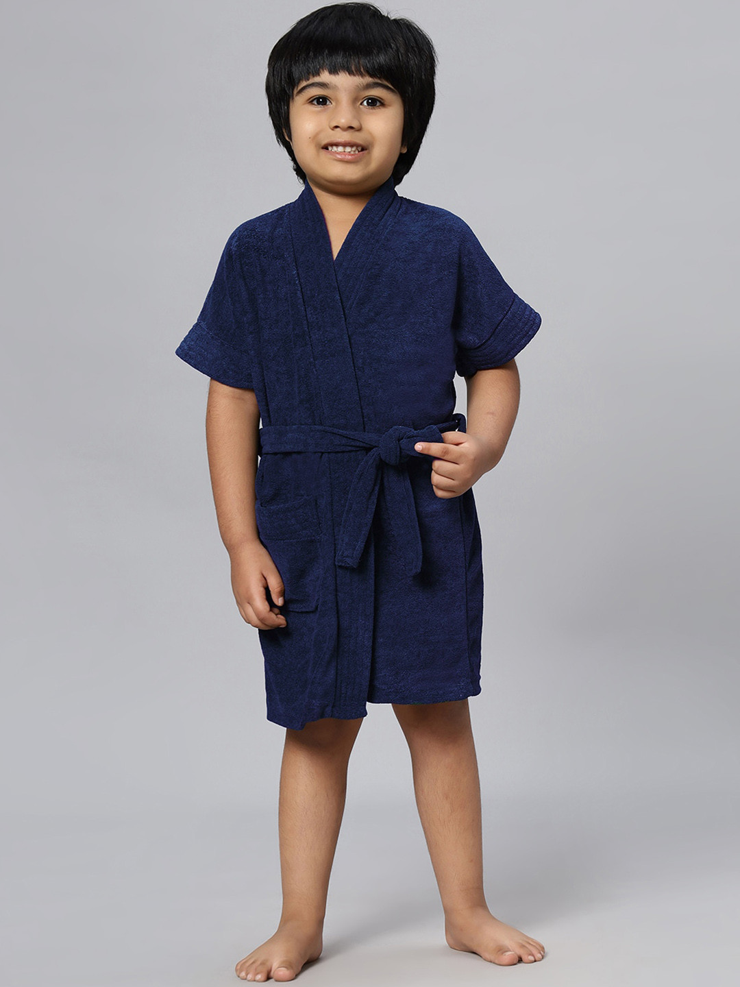 LacyLook Navy Blue Solid Terrycloth Drawstring Knee Length Bath Robe-M