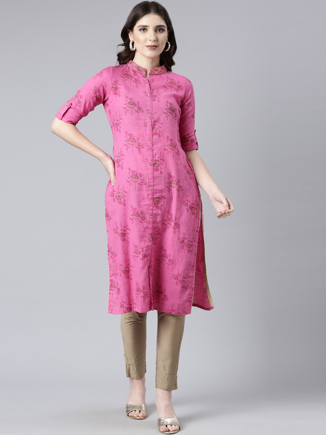 Souchii Ethnic Motifs Embroidered Mandarin Collar Roll Up Sleeves Cotton Kurta