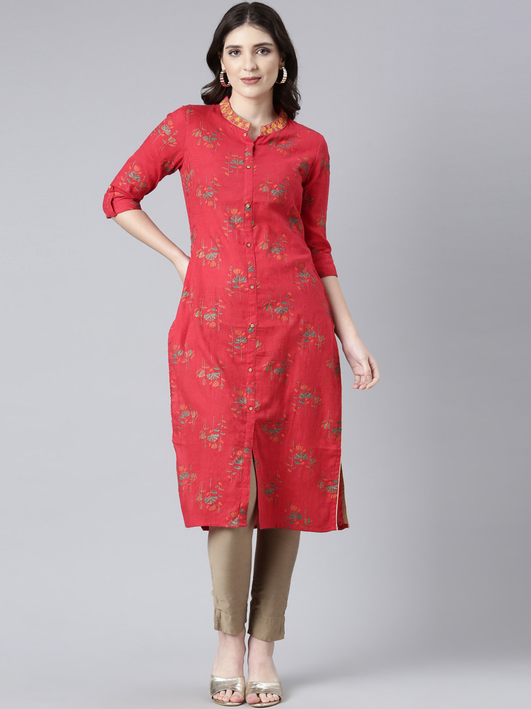 Souchii Ethnic Motifs Embroidered Mandarin Collar Roll Up Sleeves Cotton Kurta