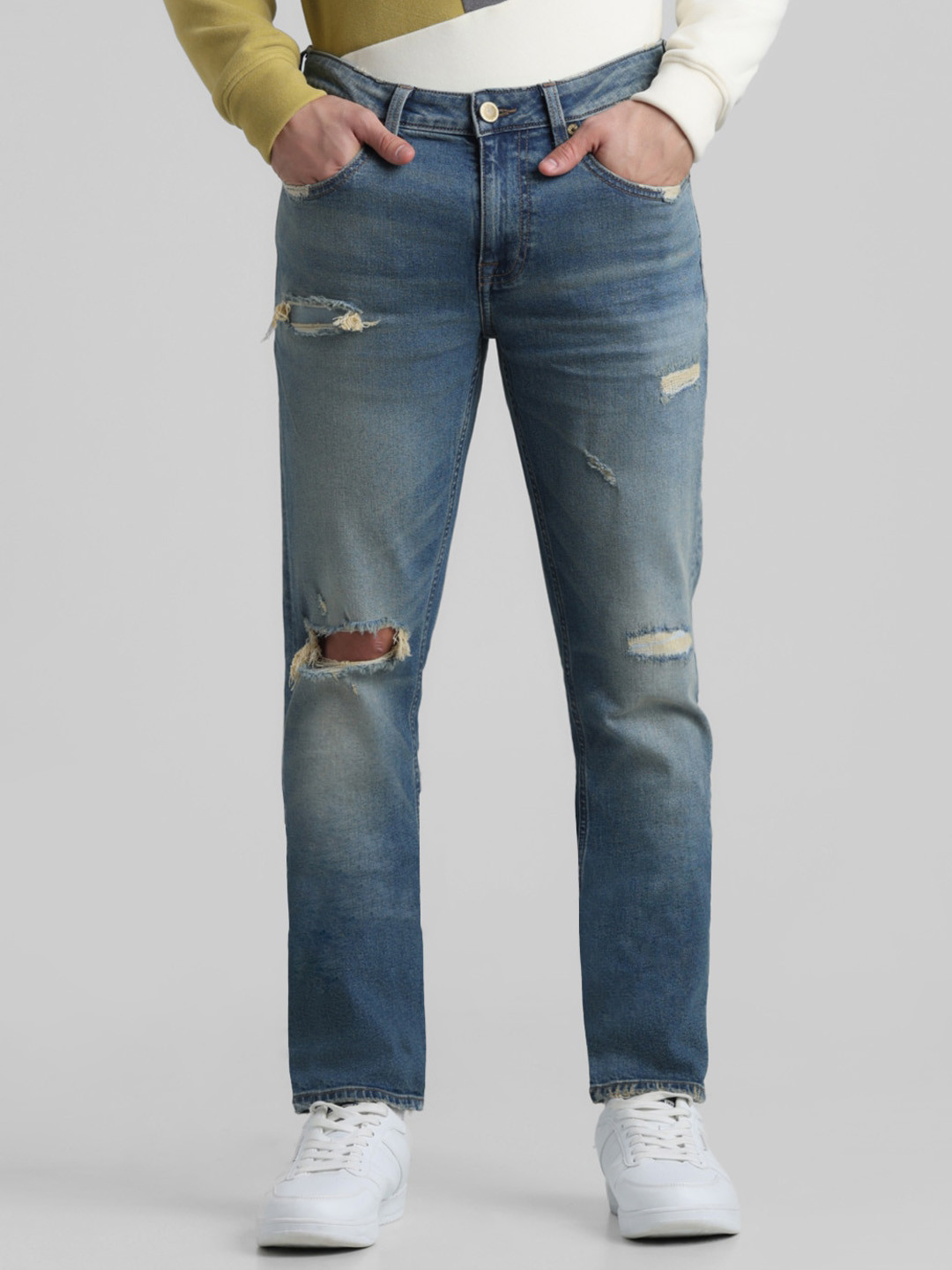 Jack & Jones Men Slim Fit Highly Distressed Heavy Fade Stretchable Whiskers Jeans