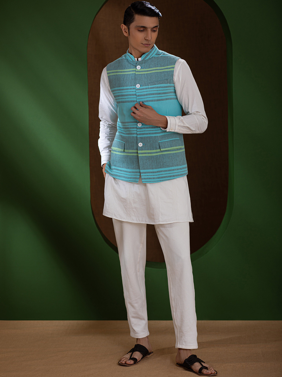 Earthpiece Striped Organic Cotton Nehru Jacket