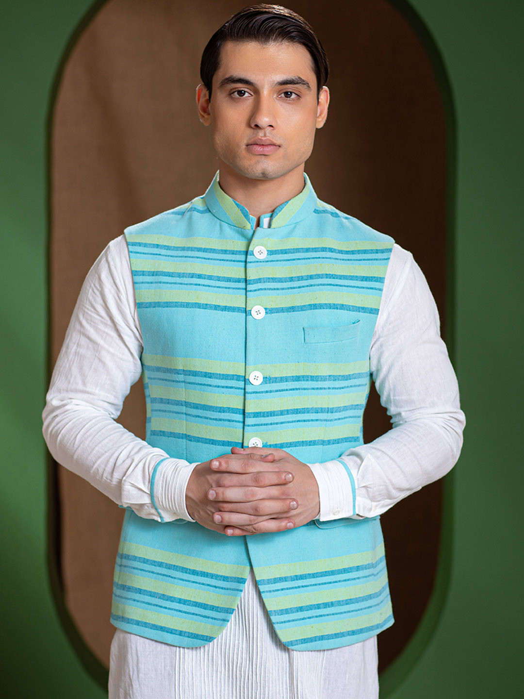 Earthpiece Mandarin Collar Pure Cotton Nehru Jacket