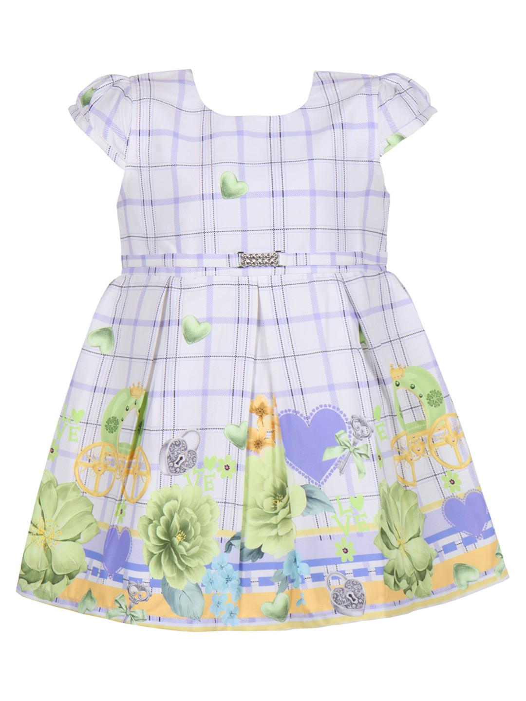 Wish Karo Girls Checked Puff Sleeves Silk Fit & Flare Dress