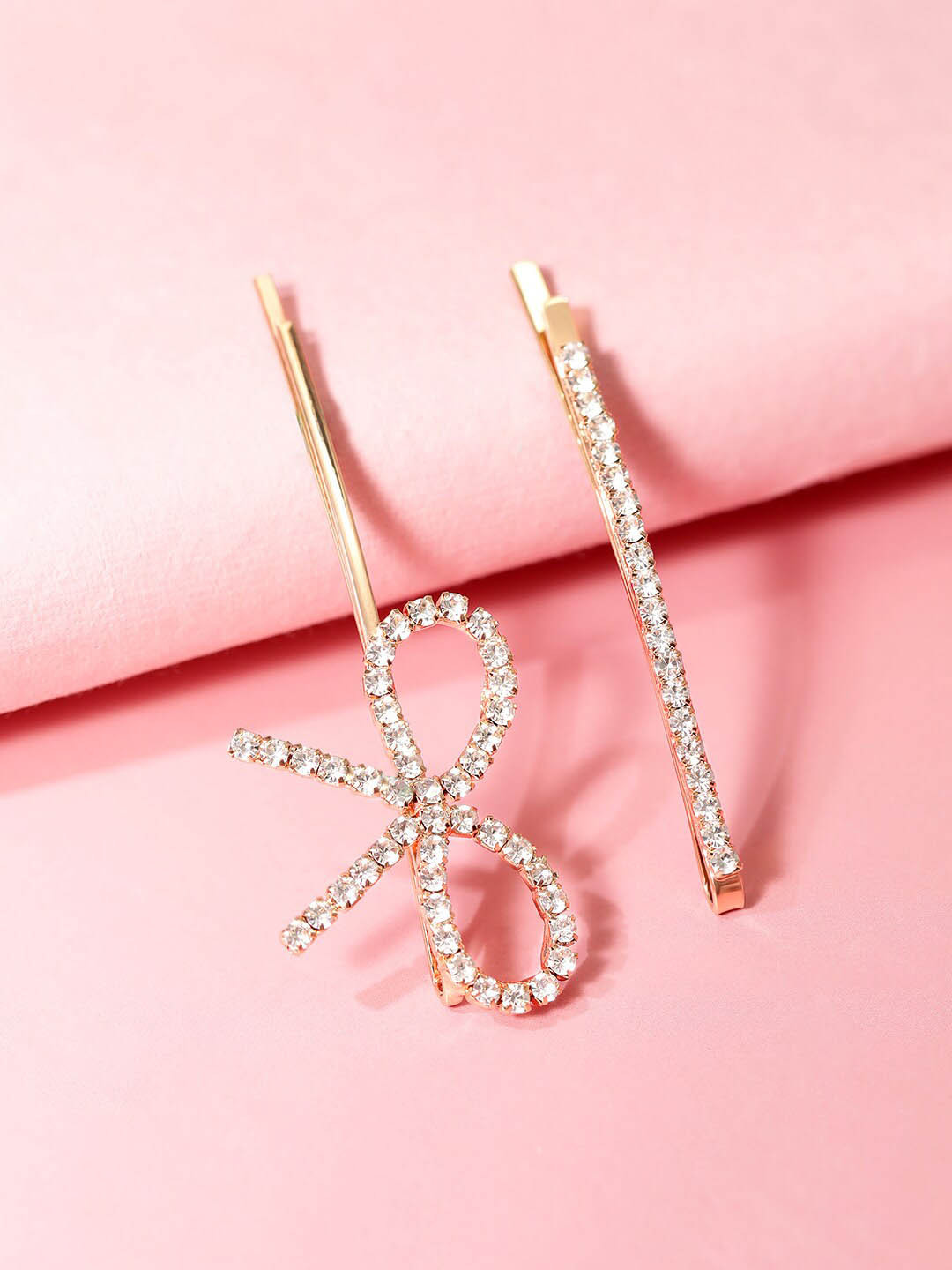Rubans Set of 2 Gold-Plated Cubic Zirconia Studded Bow & Linear Hairpin