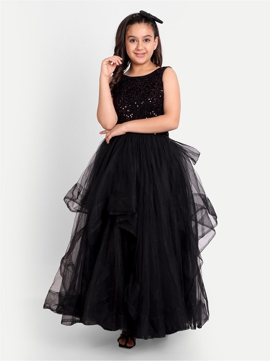 TILISM Girls Sequin Embellished Sleeveless Net Maxi Tiered Dress