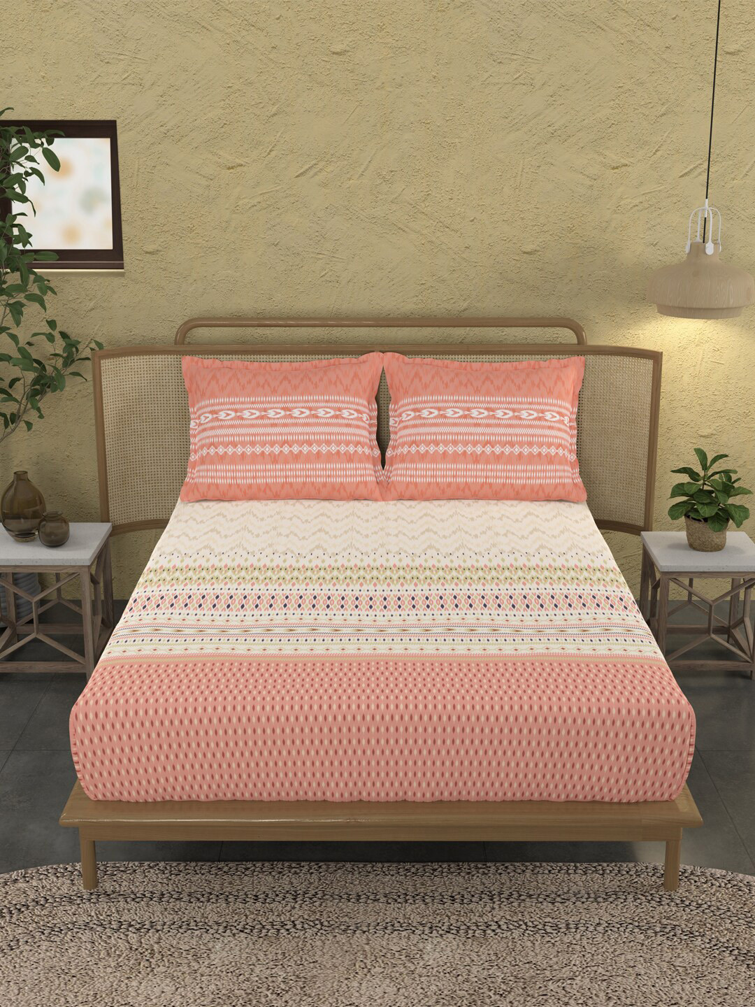 MYTRIDENT Sanskriti Peach Ethnic Motifs Cotton 144 TC King Bedsheet with 2 Pillow Covers-108 x 108 inches