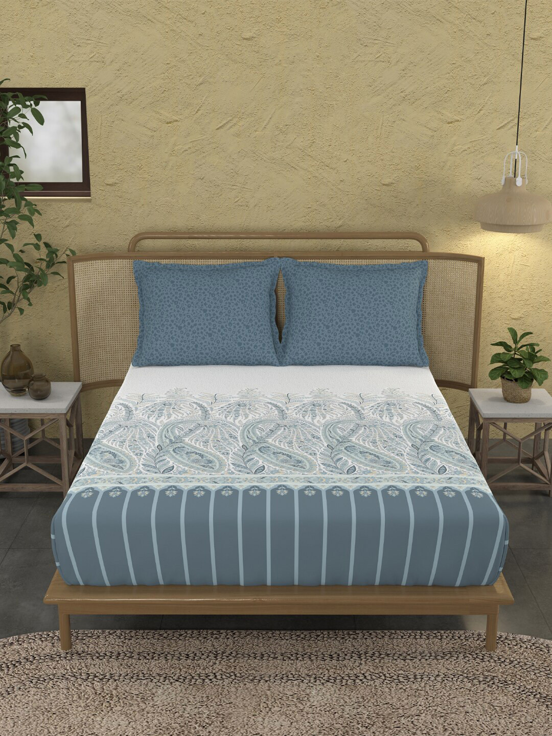 MYTRIDENT Blue Ethnic Motifs Cotton 144 TC King Bedsheet with 2 Pillow Covers-108 x 108 inches
