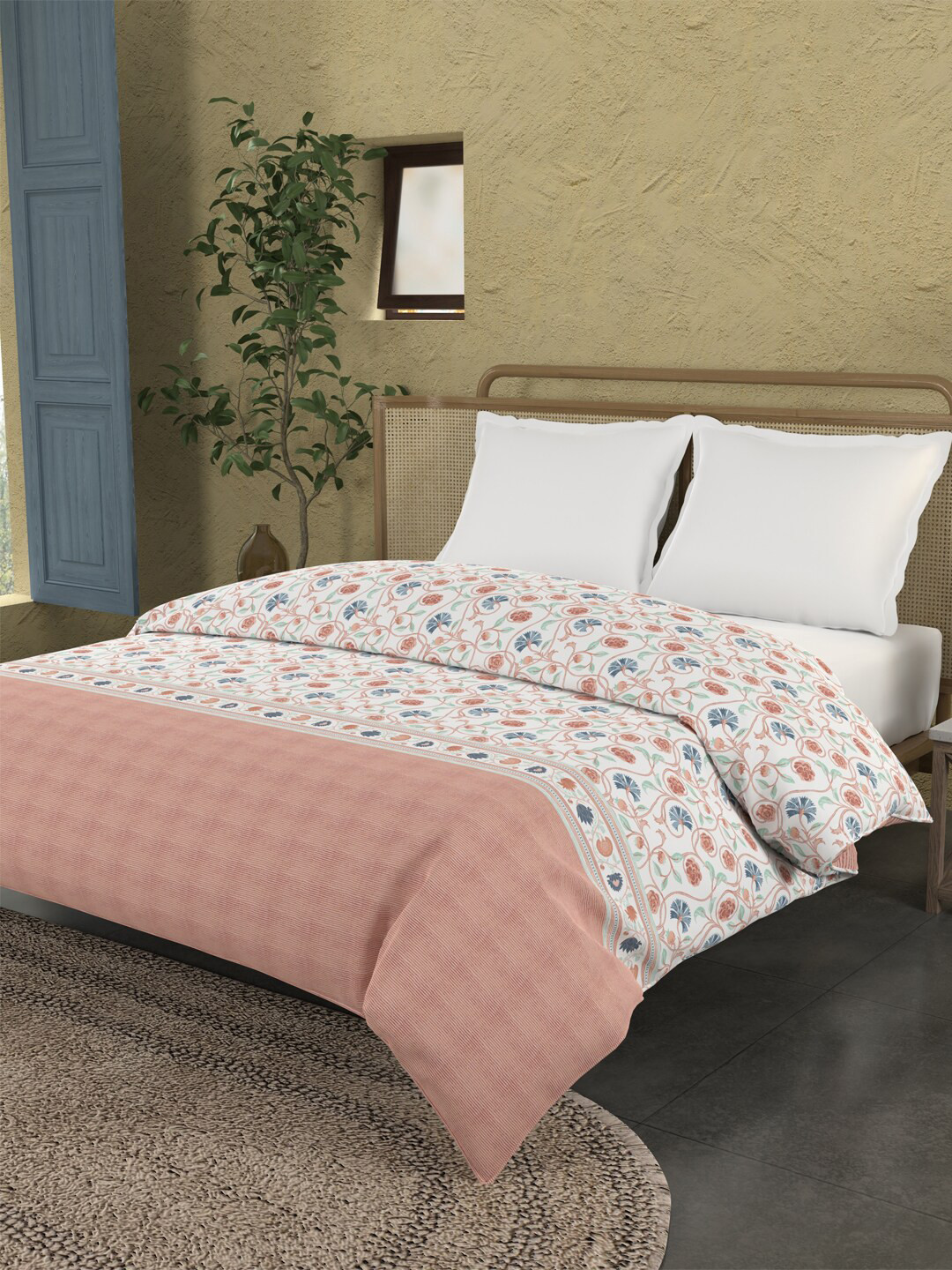 MYTRIDENT Rust & White Floral AC Room Cotton 150 GSM Double Bed Comforter