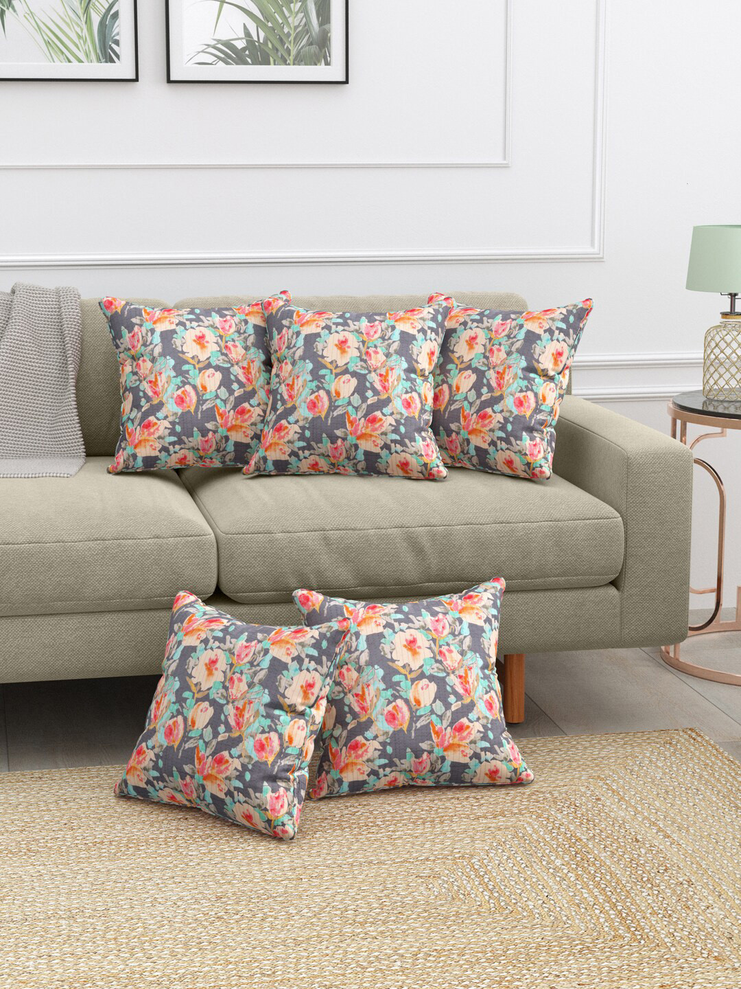 Clasiko Sanskriti Grey & Blue 5 Pieces Floral Square Cotton Cushion Covers