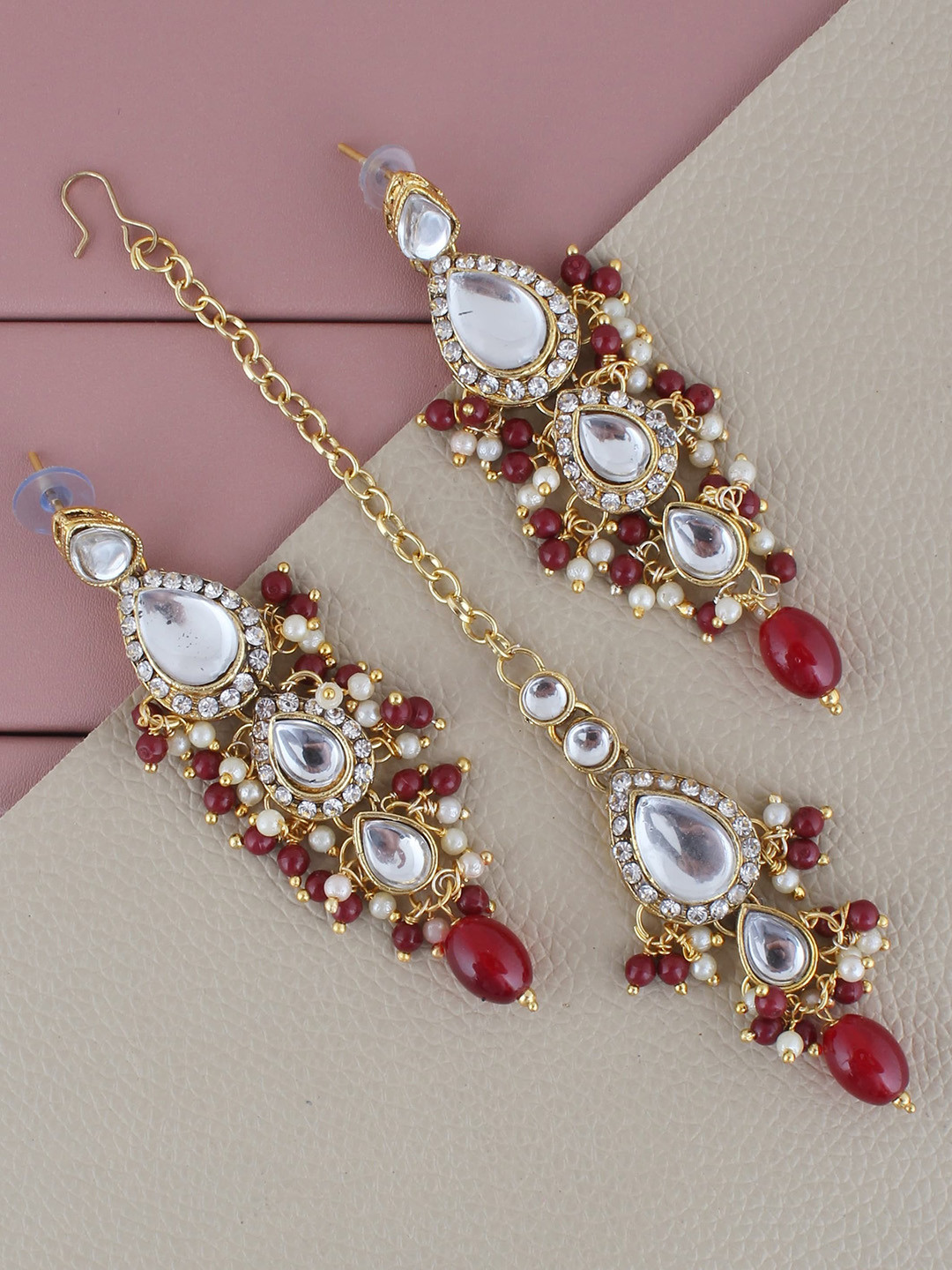 LUCKY JEWELLERY Gold-Plated Maang Tika and Earrings