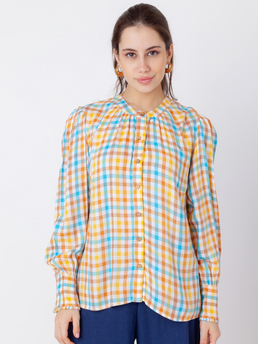 Zink London Checked Band Collar Puff Sleeve Cotton Top