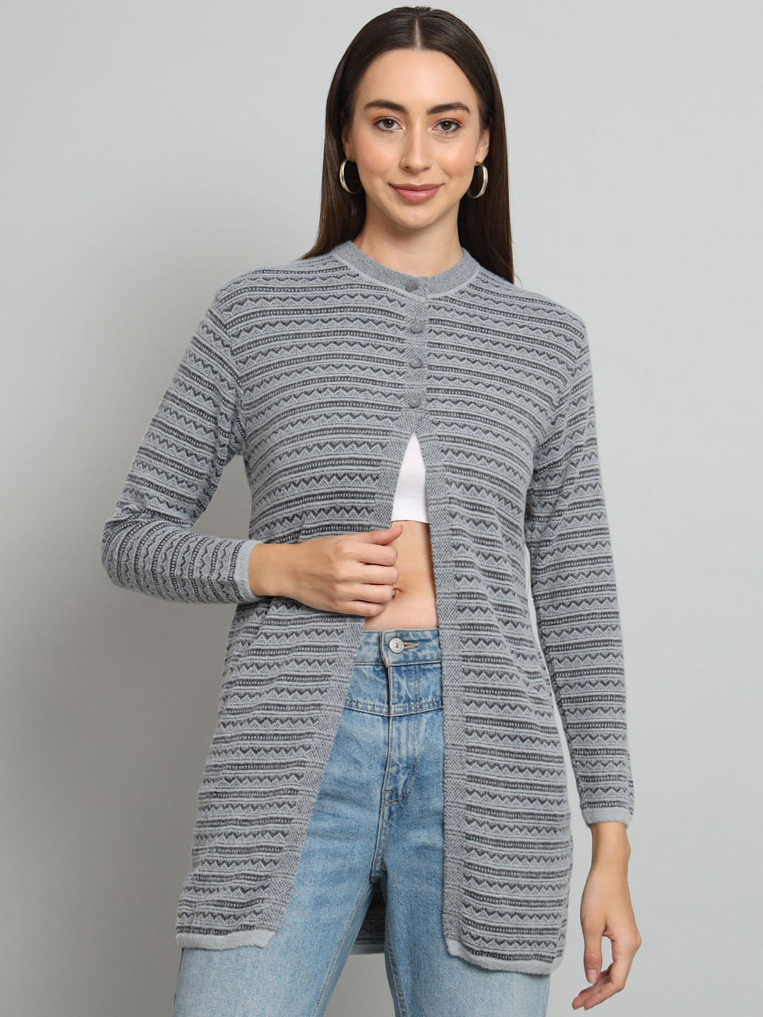 BROOWL Self Design Woollen Longline Cardigan