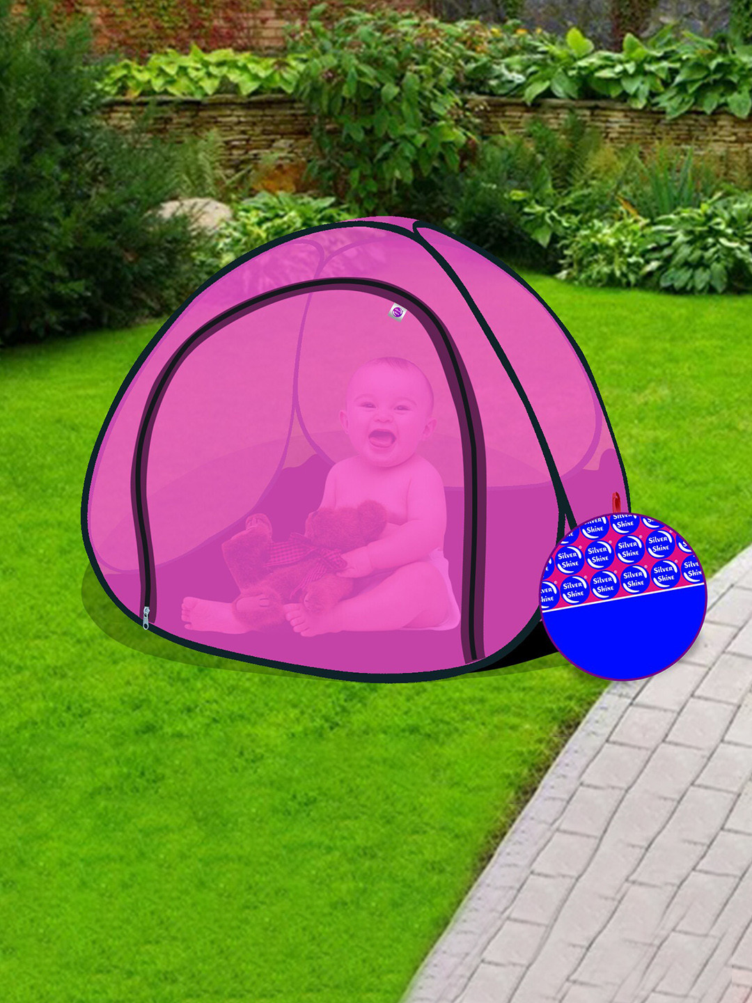 Silver Shine Pink Single Bed Foldable Mosquito Net With Base