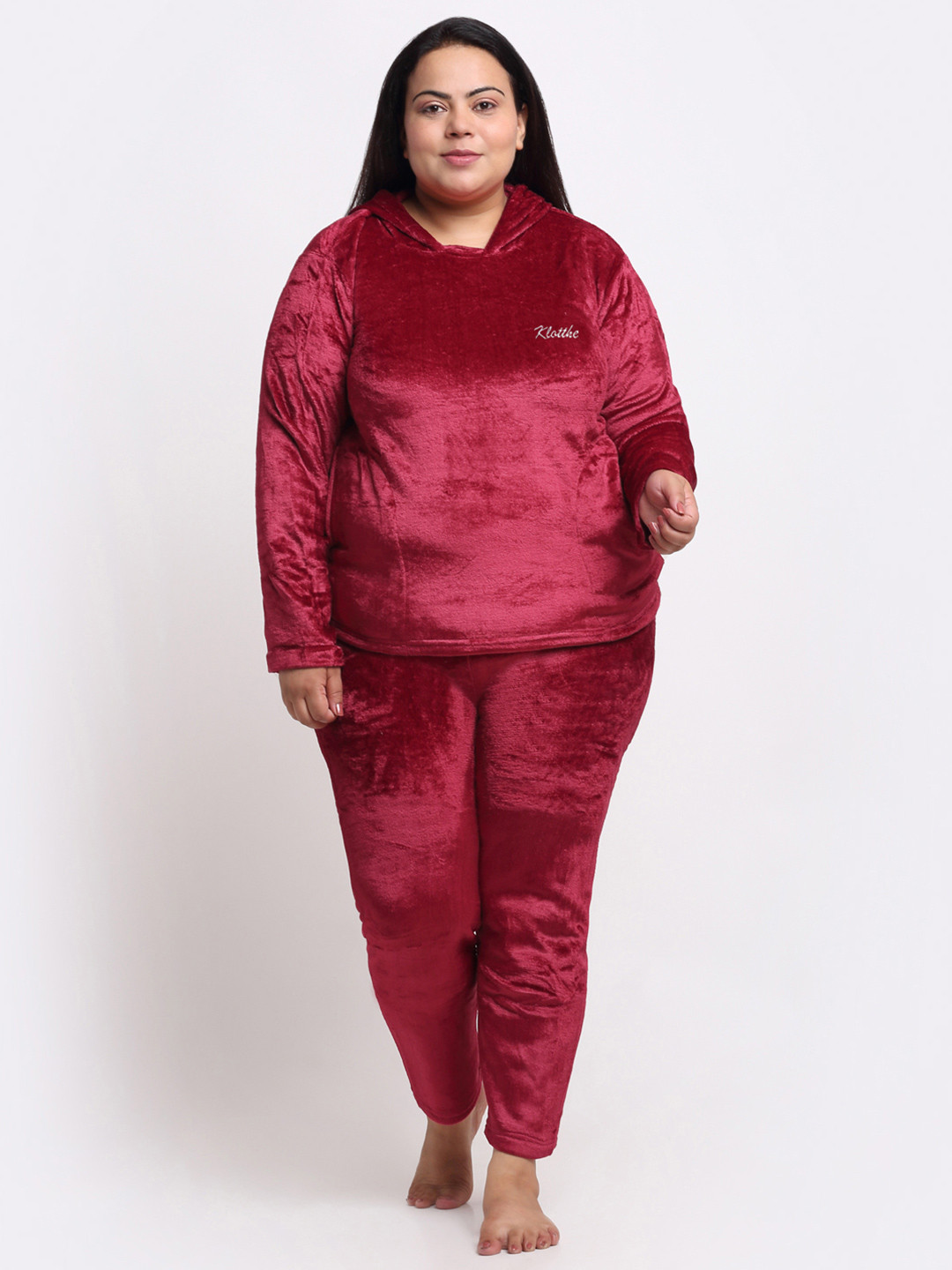 KLOTTHE Plus Size Hooded Velvet T-shirt With Trouser