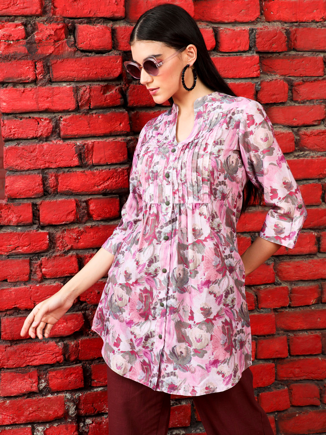 Jaipur Kurti Abstract Printed Mandarin Collar A-Line Kurti