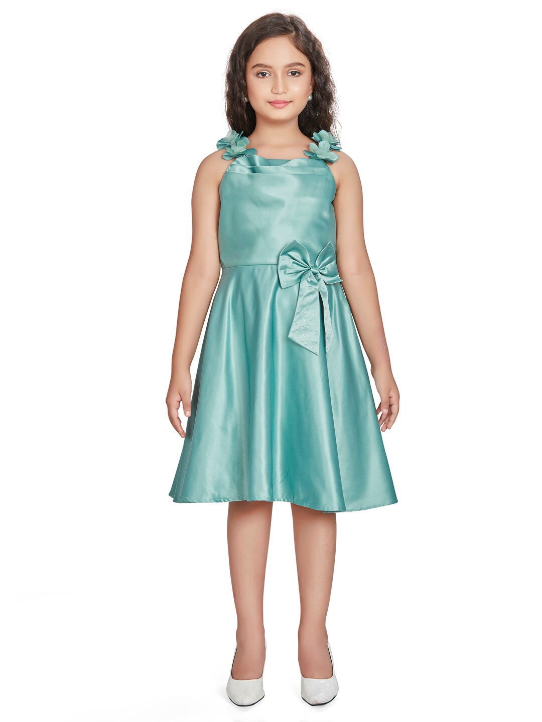 Peppermint Shoulder Strap Fit & Flare Pleated Satin Dress