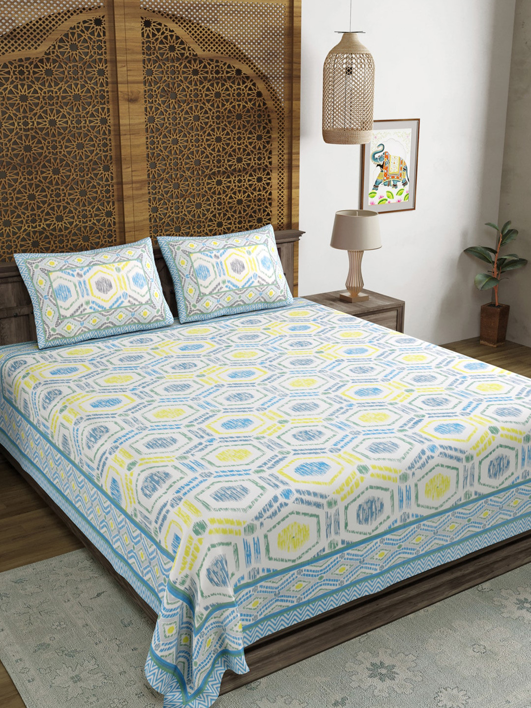 BLOCKS OF INDIA Loroco Grey Geometric Cotton 210 TC King Fine Bedsheet with 2 Pillow Covers-228.6 x 274.32 cm