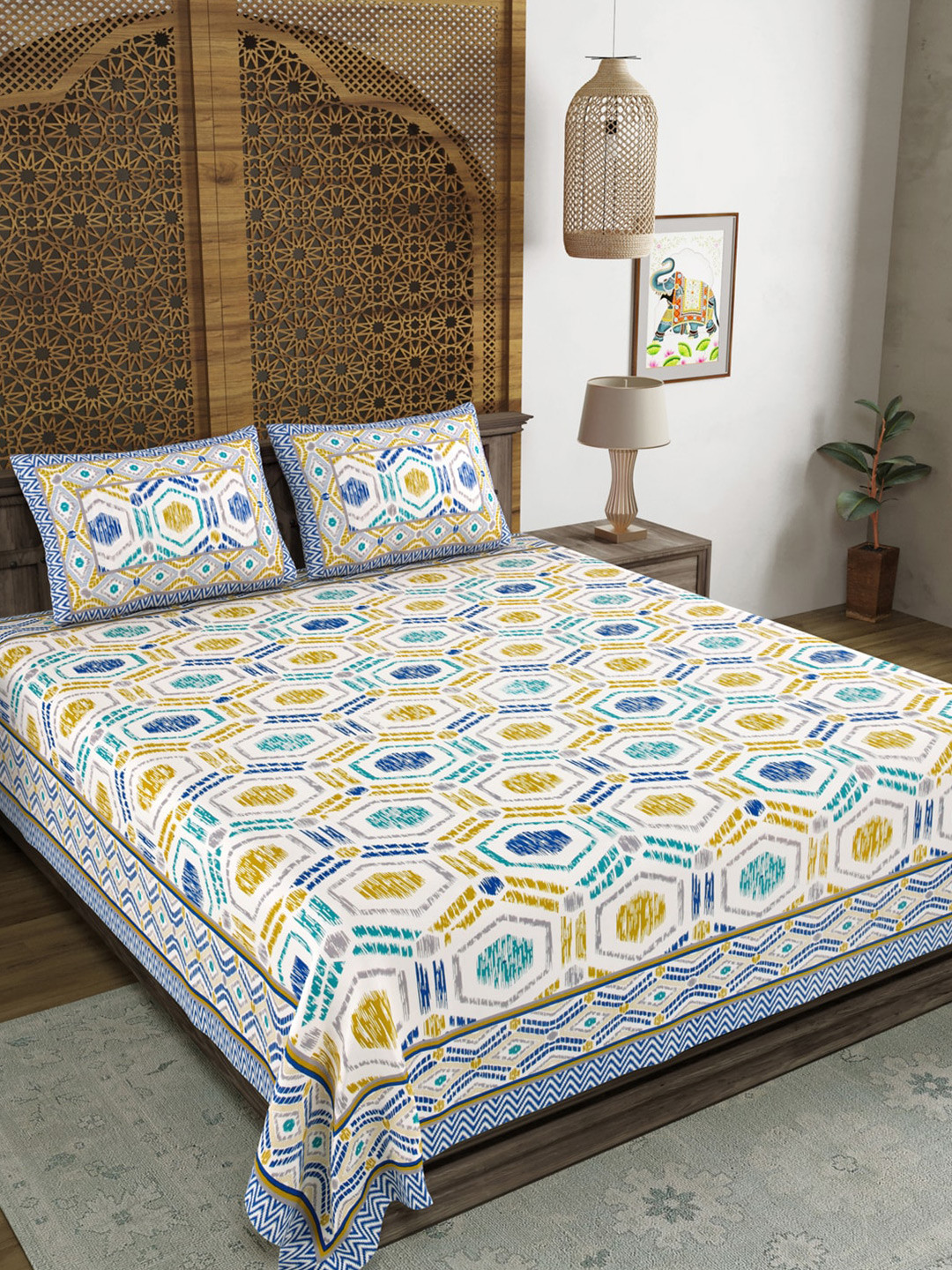 BLOCKS OF INDIA Blue Geometric Cotton 210 TC King Fine Bedsheet with 2 Pillow Covers-228.6 x 274.32 cm