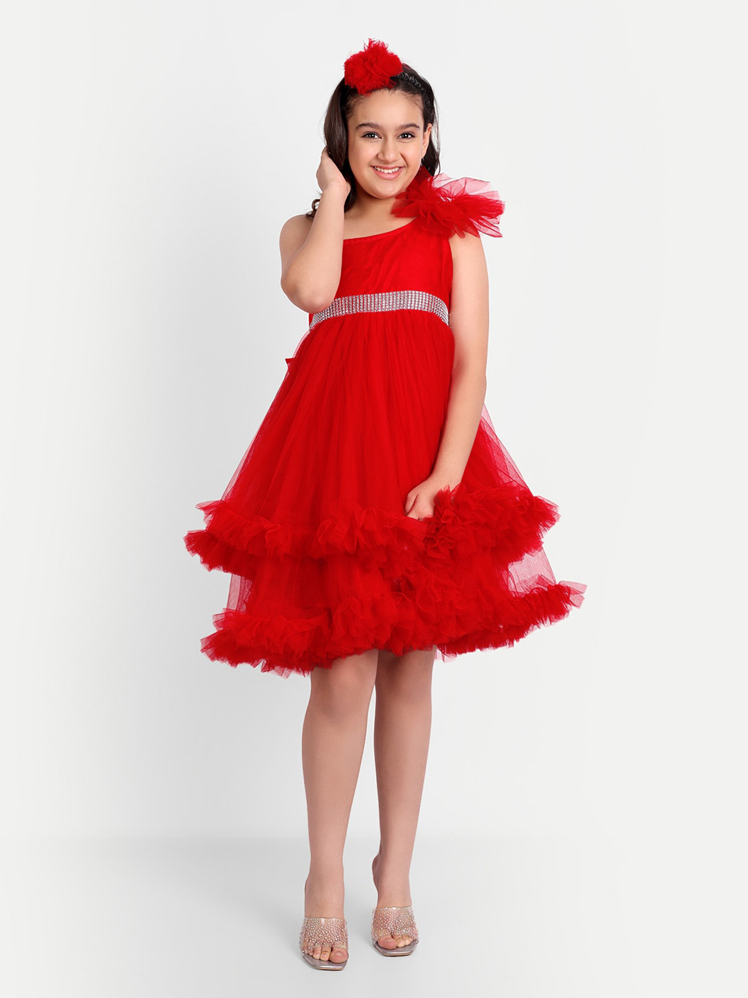 TILISM Girls One Shoulder Corsage Net Fit & Flare Dress