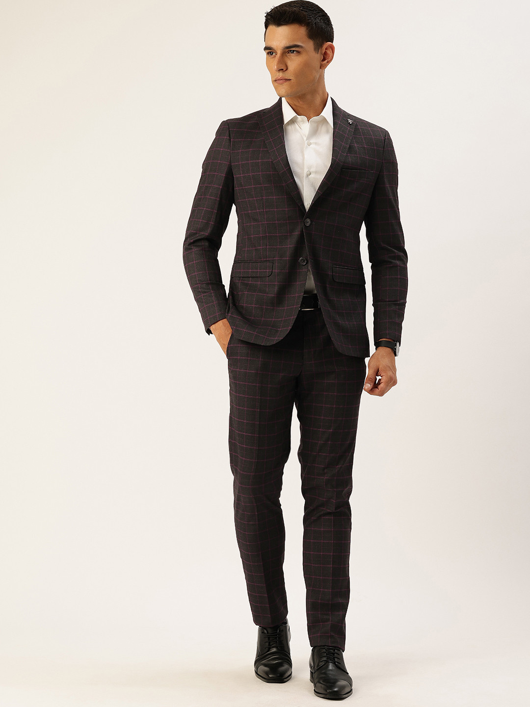 Peter England Neo Slim Fit Checked Single Breasted Two-Piece Formal Suit