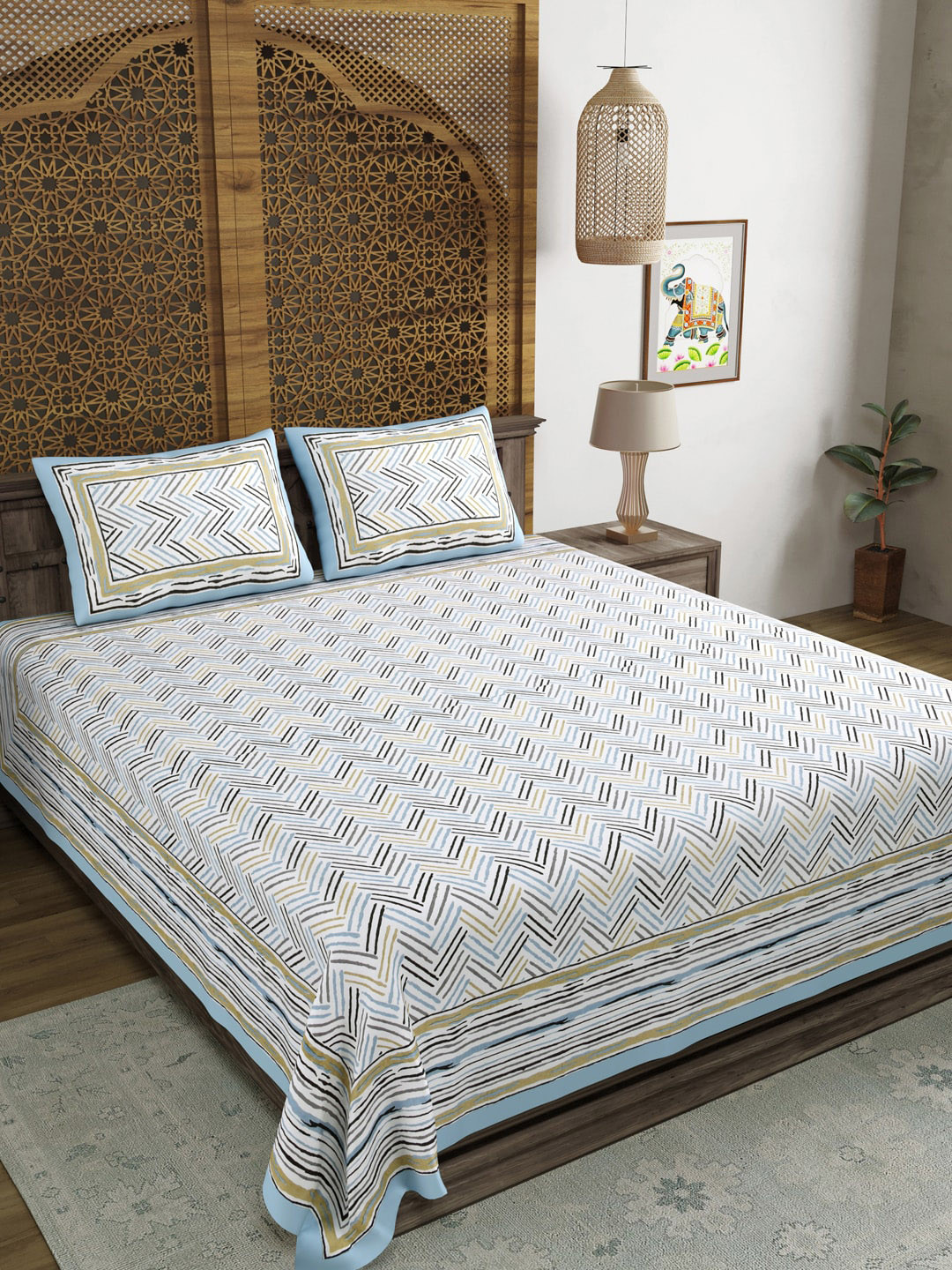 BLOCKS OF INDIA Grey Checked Cotton 210 TC King Fine Bedsheet with 2 Pillow Covers-269.24 x 269.24 cm