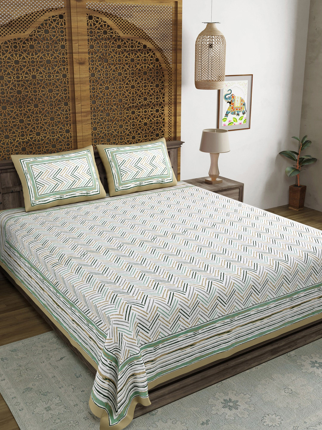 BLOCKS OF INDIA Superking Green Chevron Cotton 210 TC King Fine Bedsheet with 2 Pillow Covers-106 x 106 inches