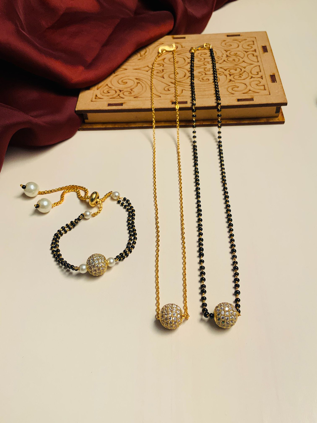 ABDESIGNS Set of 3 Gold-Plated AD Studded Mangalsutra With Pendant Chain & Bracelet