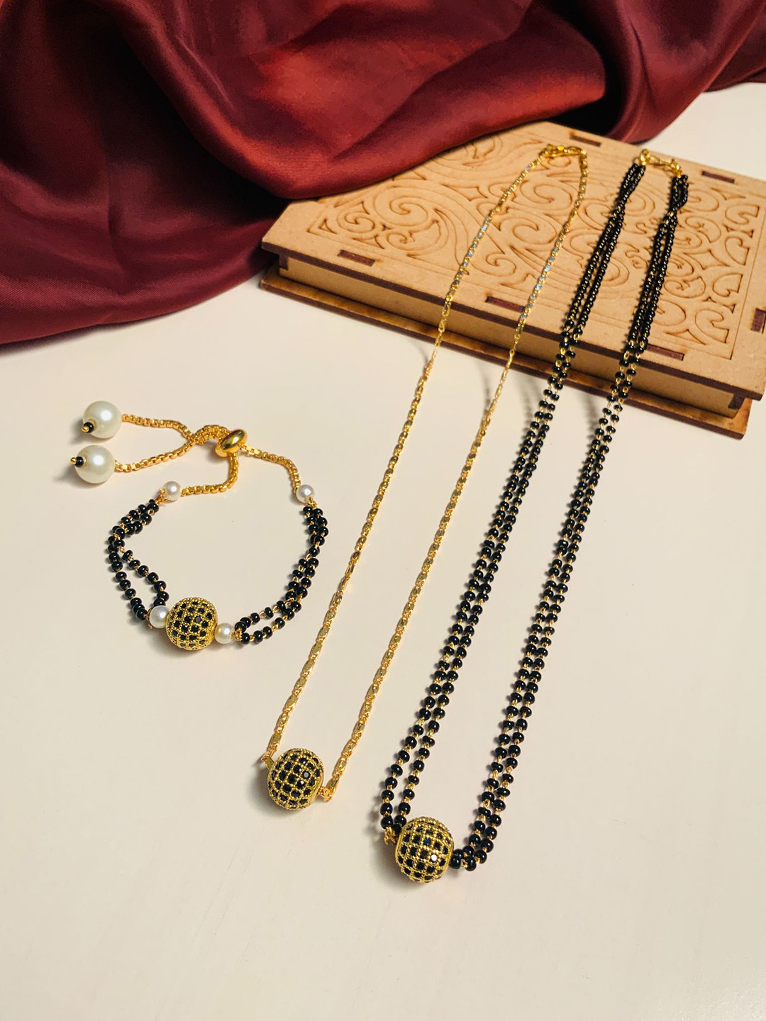 ABDESIGNS Set Of 3 Gold Plated American Diamond CZ Daily Mangalsutra Jewellery