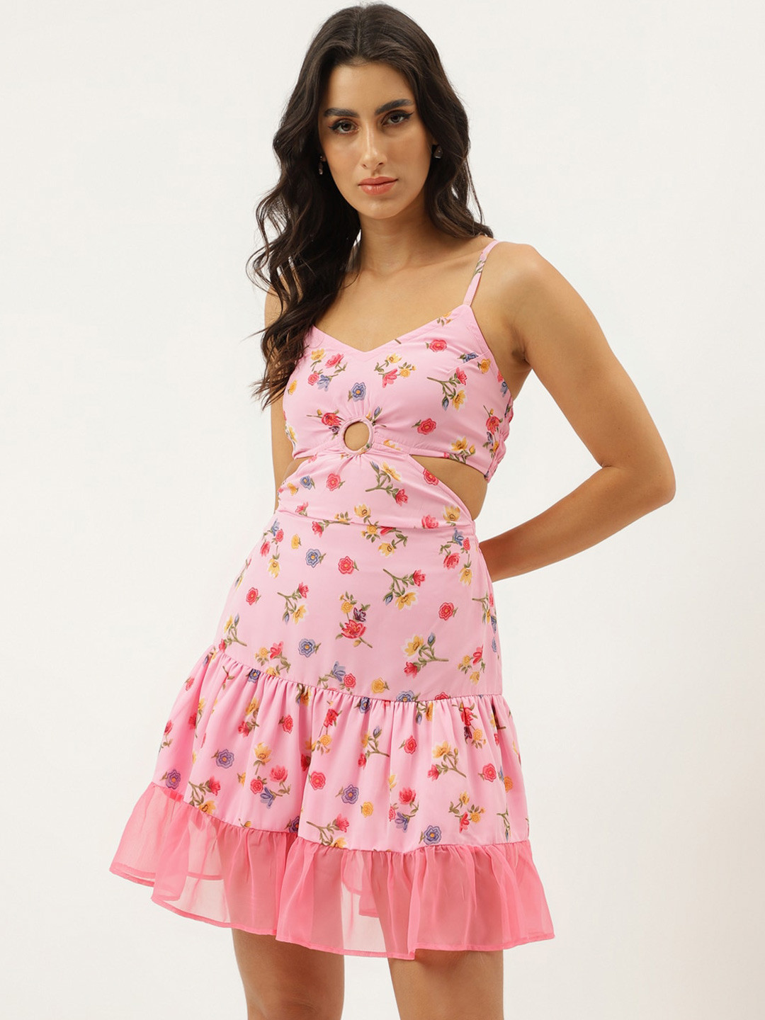 TRYMISFIT Floral Printed Cut Outs Cotton Fit & Flare Dress