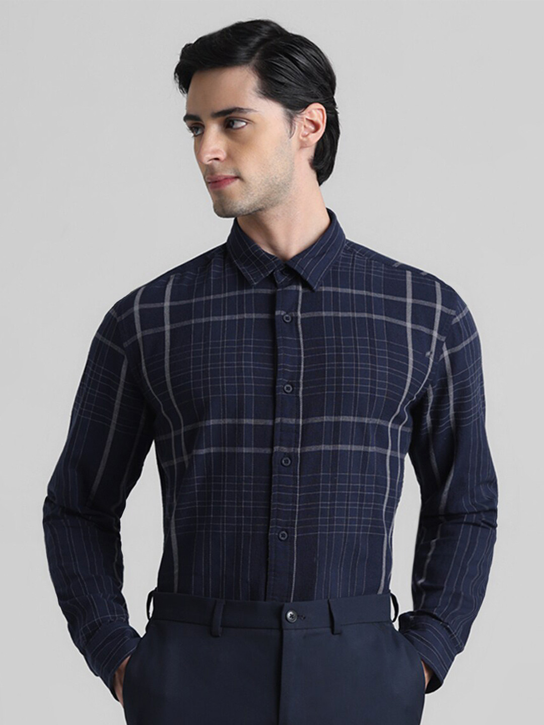 Jack & Jones Other Checks Spread Collar Long Sleeve Cotton Casual Shirt