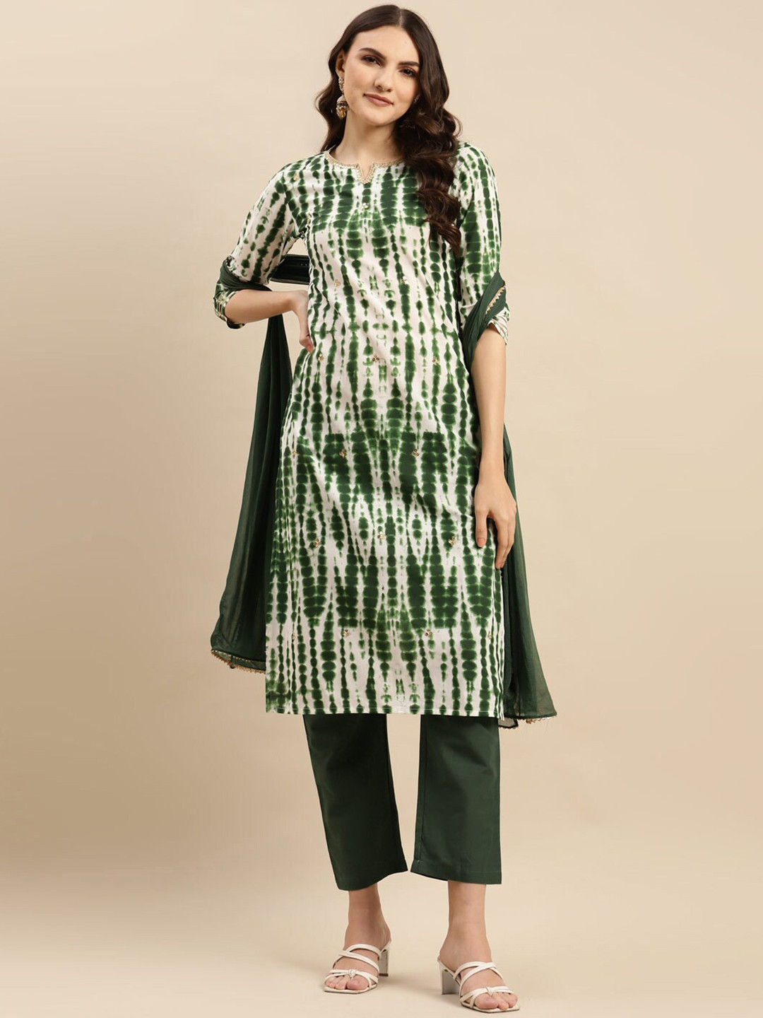 Varanga Green Shibori Printed Sequinned Pure Cotton Kurta With Trousers & Dupatta