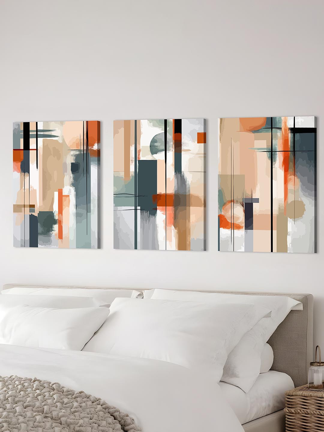 Art Street Blue & Beige 3 Pieces Colourful Brush Strokes Painting Wall Art