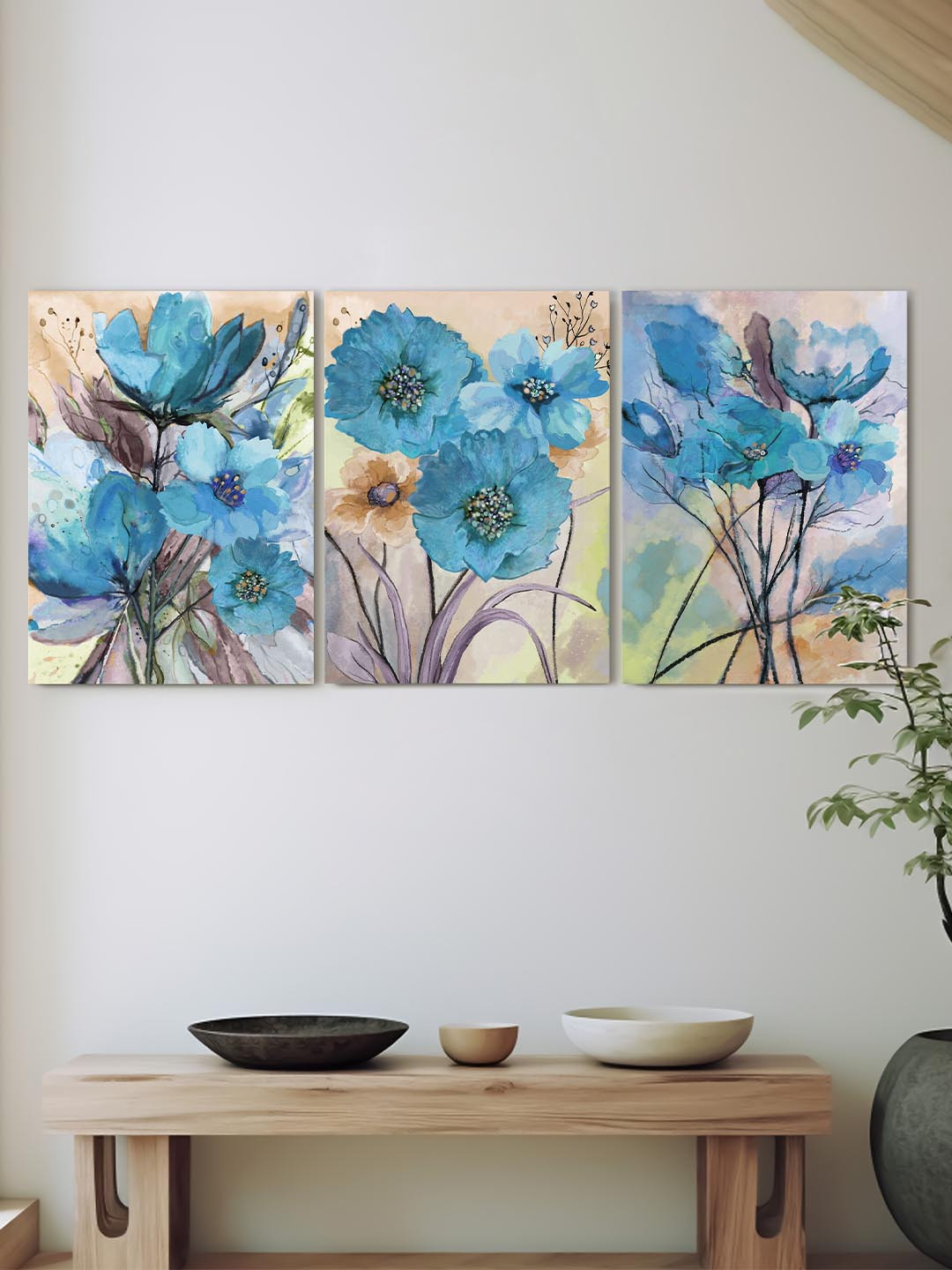 Art Street Blue MDF 3 Pcs Wall Living Room Rectangle Paintings Wall Art -21.92 x 16In