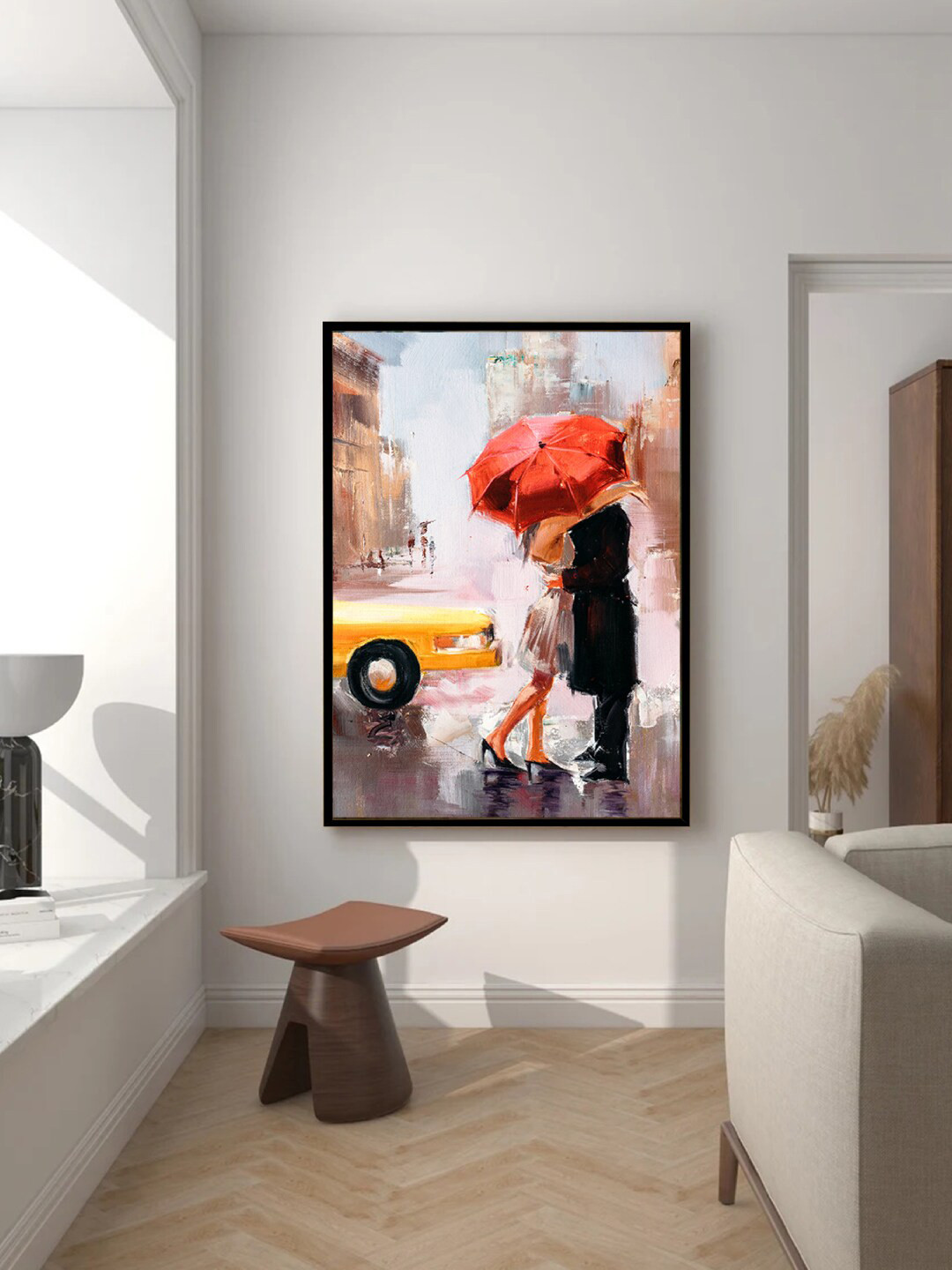 Art Street Black & Red Couple Under The Red Umbrella On Street Framed Canvas Wall Art
