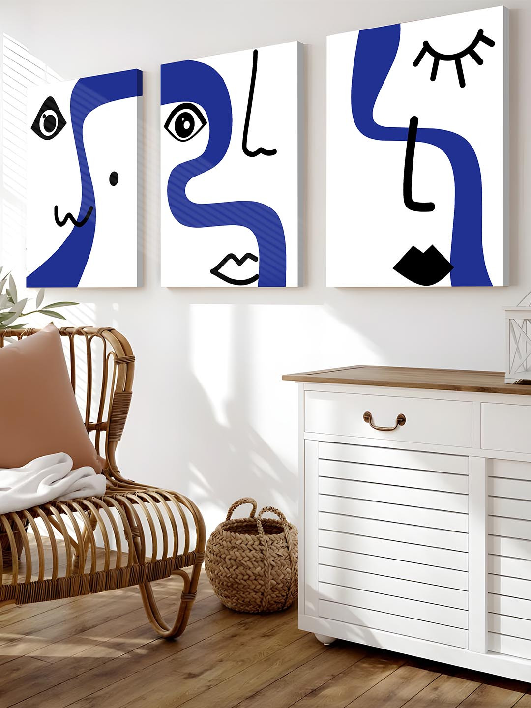 Art Street Abstract Face Line Stretched Canvas 3 Piece Wall Paintings Wall Art - 22 x16 In