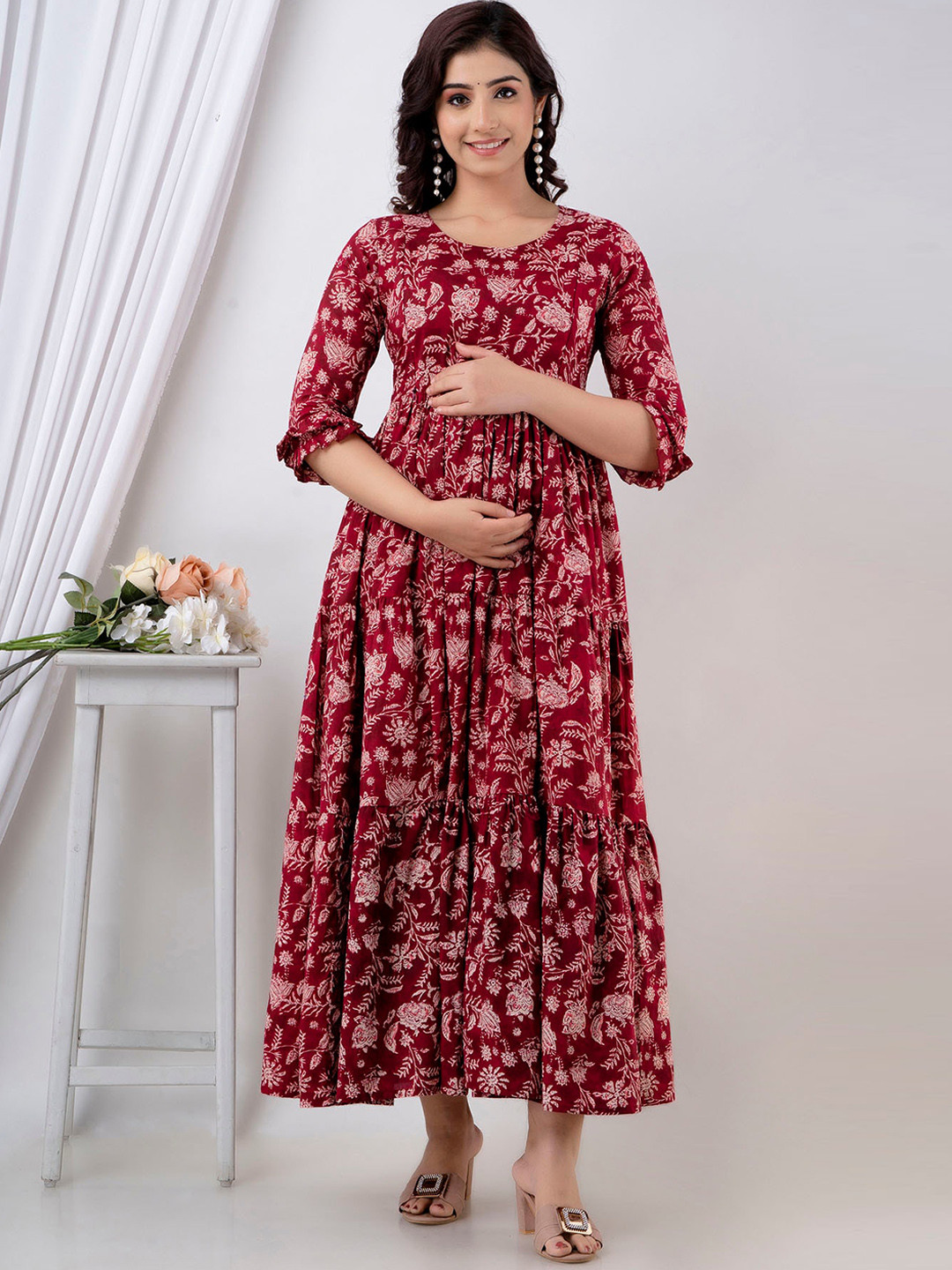 Henal Floral Printed Gathered Tiered Cotton Maternity Ethnic Dress