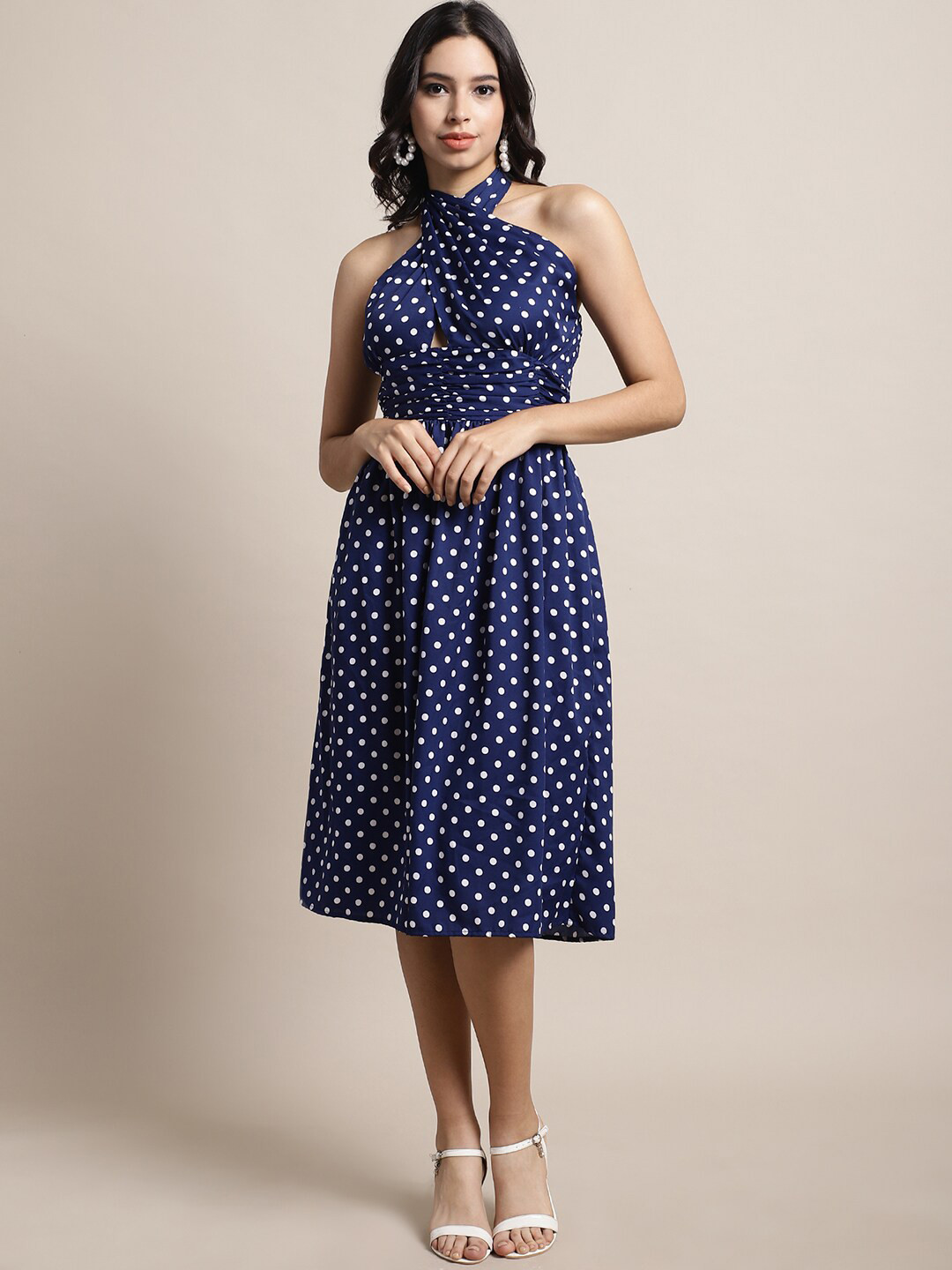 BLANC9 Blue Polka Dot Printed Halter Neck Fit & Flare Dress