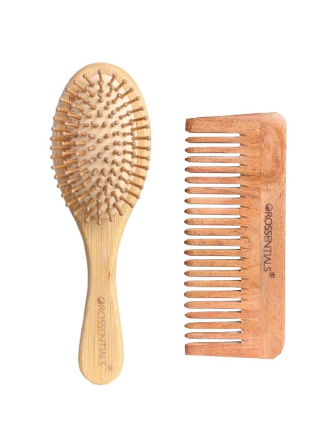 OROSSENTIALS Set Of 2 Wooden Hair Brush & En-Tangle Comb